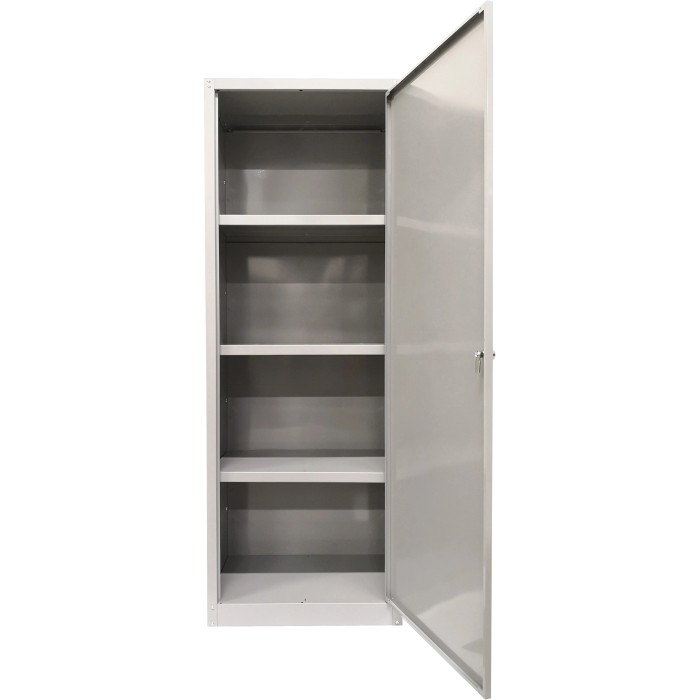 Armadio metallico grigio aperto con quattro ripiani. Ideale per lo stoccaggio.