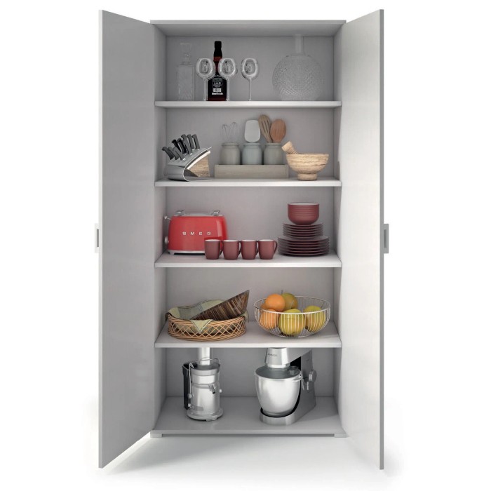 Mobile da cucina/armadio multiuso bianco aperto con utensili da cucina e cibo.