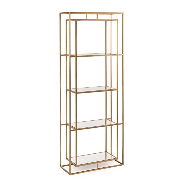 Libreria color oro con ripiani in vetro, design moderno per soggiorno o ufficio.