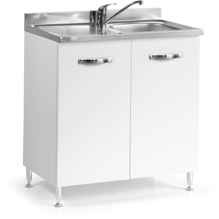 Mobile base da cucina bianco con lavello e rubinetto. Basi cucina.
