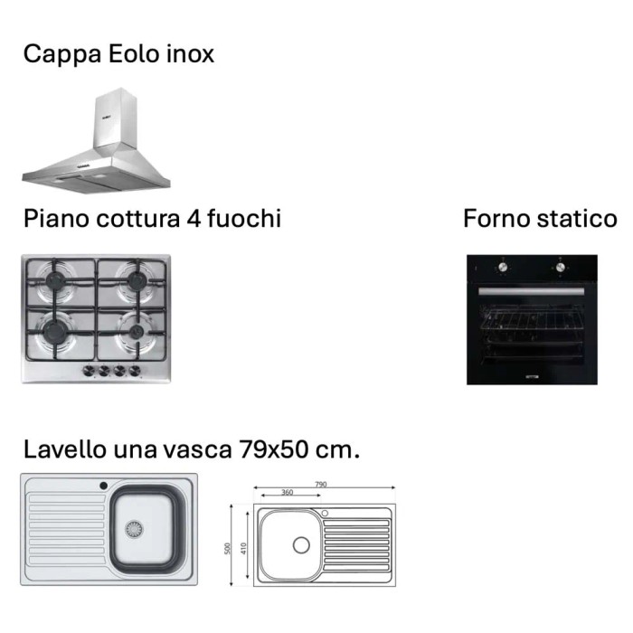 Immagine di una cucina completa con cappa aspirante, piano cottura, forno e lavello.