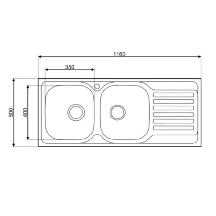 Schizzo del lavello t.b.t. in acciaio inox con due vasche e scolapiatti, dimensioni 1160x500 mm.
