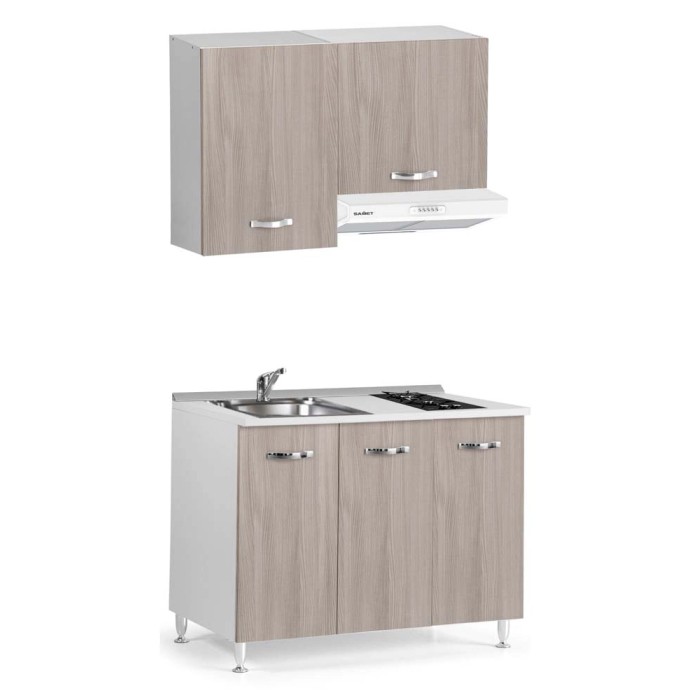 Cucina completa con lavello, piano cottura, cappa aspirante e pensile effetto legno.