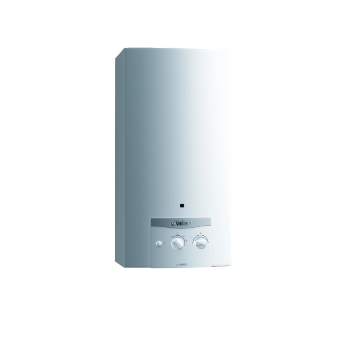 Scaldabagno a gas Vaillant bianco con manopole.