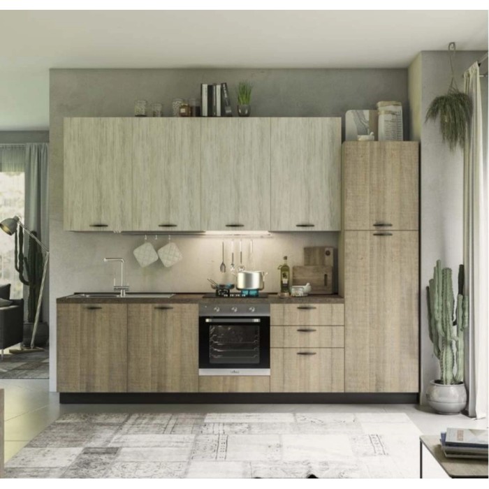 Cucina componibile moderna e luminosa con pensili e basi effetto legno. Cucina completa per la tua casa.