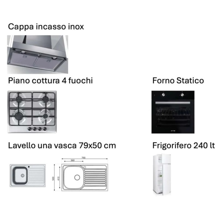 Set cucina t.b.t.: cappa aspirante, piano cottura, forno, lavello e frigorifero.