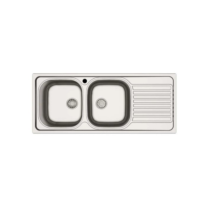Lavello t.b.t. in acciaio inox con due vasche e scolapiatti.