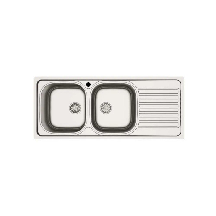 Lavello t.b.t. in acciaio inox con due vasche e gocciolatoio.