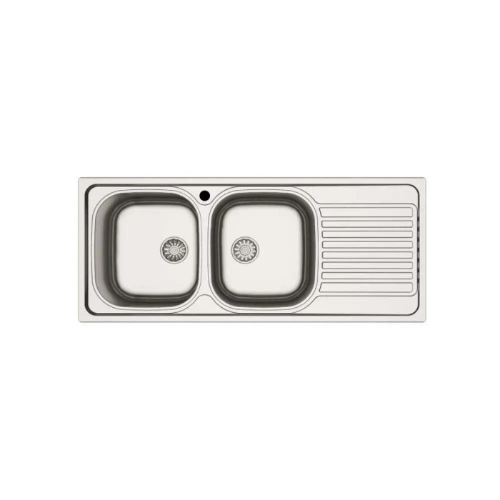 Lavello t.b.t. in acciaio inox con due vasche e scolapiatti.