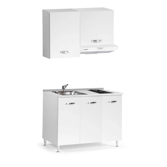 Cucina compatta bianca t.b.t. con lavello, piano cottura e cappa aspirante.
