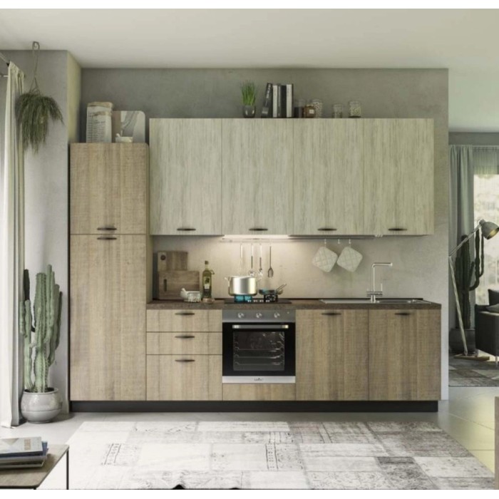 Cucina componibile moderna e luminosa con pensili e basi effetto legno. Cucina completa per la tua casa.