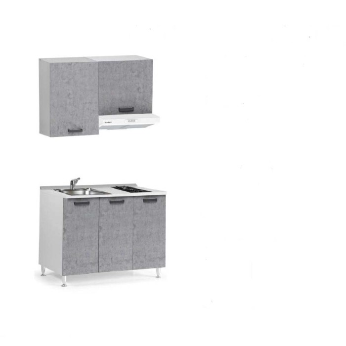 t.b.t. Cucina completa con lavello, piano cottura e cappa aspirante in grigio.