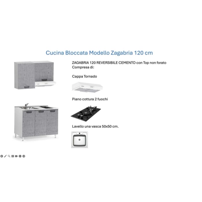 t.b.t. Cucina completa con lavello, piano cottura e cappa aspirante effetto cemento.