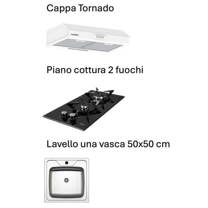 Set cucina con cappa aspirante, piano cottura a 2 fuochi e lavello 50x50 cm.