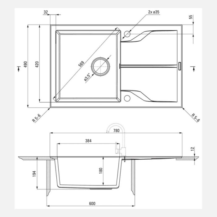 Lavello 1 vasca incasso Sagua la Grande gocciolatoio 490x194 mm Antracite Met