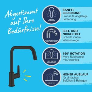 Miscelatore lavello Grohe QuickFix Start, nero, con bocca alta e rotazione di 150°.