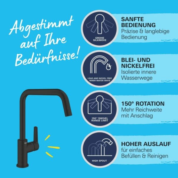 Miscelatore lavello Grohe QuickFix Start, nero, con bocca alta e rotazione di 150°.