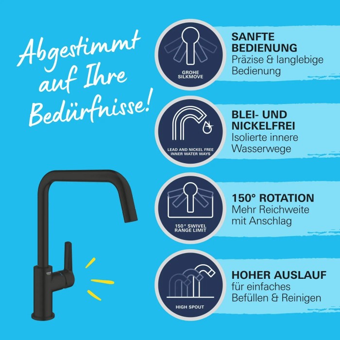 Miscelatore lavello Grohe QuickFix Start, nero, con bocca alta e rotazione di 150°.