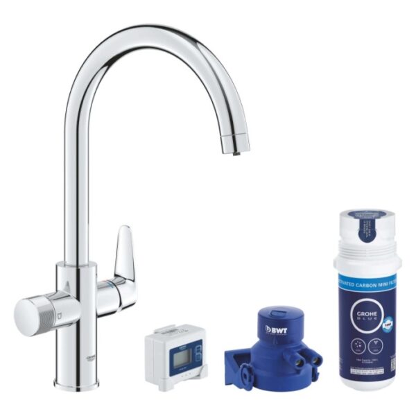 Set miscelatore cucina Grohe Blue Pure Start Curve con filtro a carbone attivo argento.