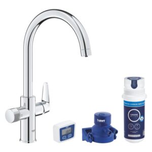 Set miscelatore cucina Grohe Blue Pure Start Curve con filtro a carboni attivi argento.