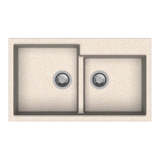 Lavello beige con due vasche e scarico in acciaio inox.