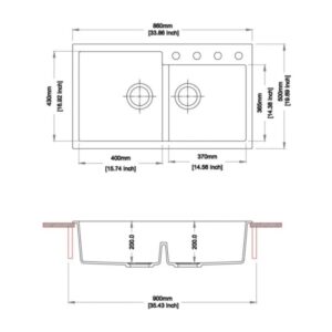 Schizzo lavello: Lavello in acciaio inox a due vasche con dimensioni per montaggio e installazione.
