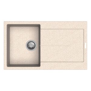 Lavello cucina beige in acciaio inox con scolapiatti, vista dall'alto.