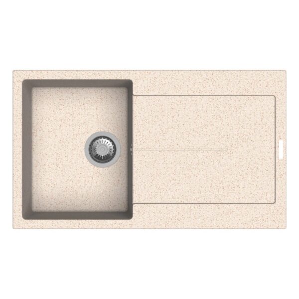 Lavello cucina beige in acciaio inox con scolapiatti, vista dall'alto.