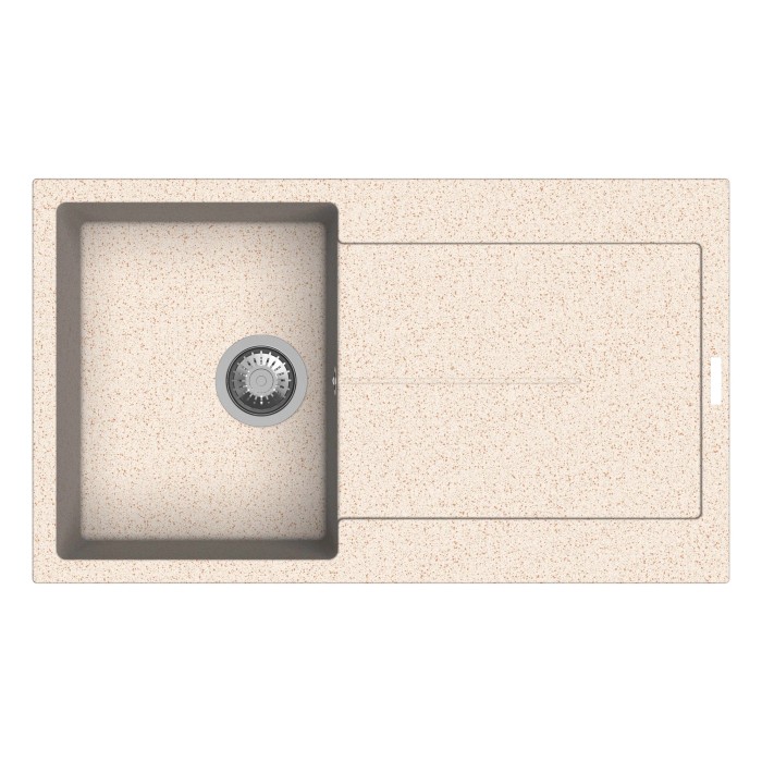 Lavello cucina beige in acciaio inox con scolapiatti, vista dall'alto.