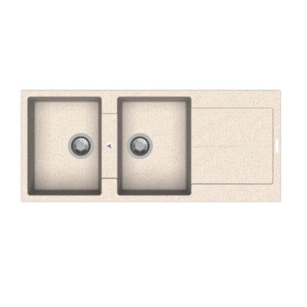 Lavello t.b.t. in acciaio inox con due vasche e scolapiatti.