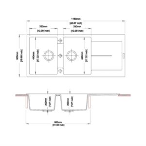 Disegno tecnico del lavello: Dimensioni e viste del Lavelli in acciaio inox.