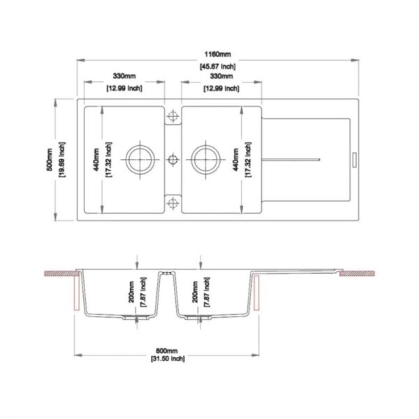 Disegno tecnico del lavello: Dimensioni e viste del Lavelli in acciaio inox.