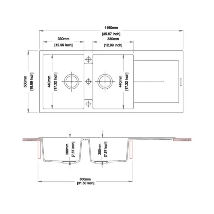 Disegno tecnico del lavello: Dimensioni e viste del Lavelli in acciaio inox.
