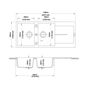 Disegno tecnico: Lavello in acciaio inox con dimensioni.