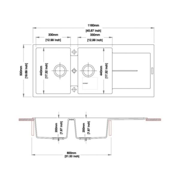 Disegno tecnico: Lavello in acciaio inox con dimensioni.