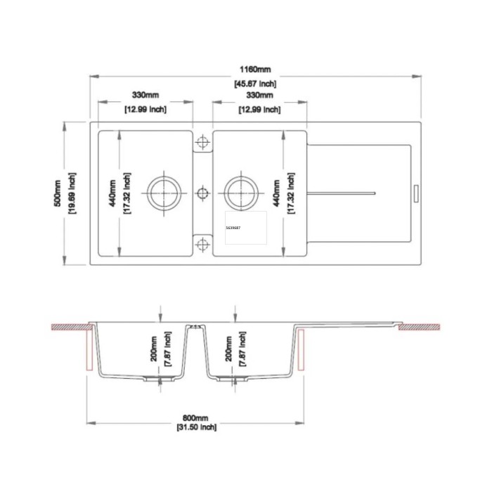Disegno tecnico: Lavello in acciaio inox con dimensioni.