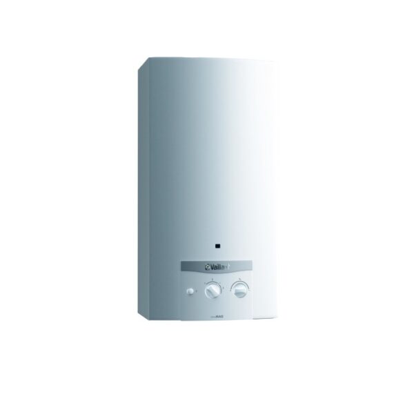 Scaldabagno a gas Vaillant bianco con manopole di controllo.