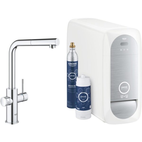 Grohe Blue Home Starter Kit con miscelatore monocomando, refrigeratore, filtro e bombola CO2 cromati.