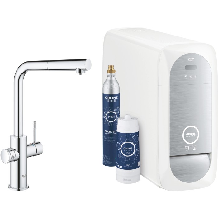 Grohe Blue Home Starter Kit con miscelatore monocomando, refrigeratore, filtro e bombola CO2 cromati.