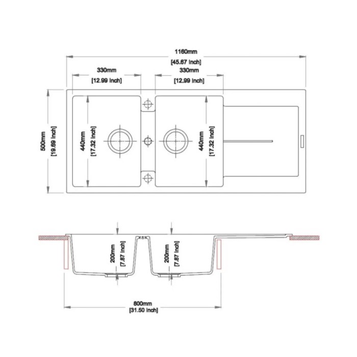 Disegno tecnico lavello: Dimensioni e viste del lavello in acciaio inox t.b.t.