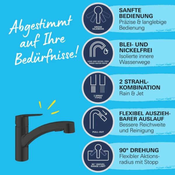 Miscelatore cucina Grohe QuickFix Start, nero, con doccetta estraibile e rotazione 90°.