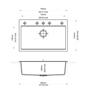 Disegno tecnico lavello: vista superiore e laterale con dimensioni in mm e pollici.