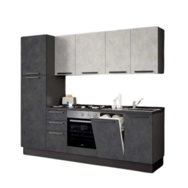 Cucina componibile moderna grigia con pensili ed elettrodomestici.