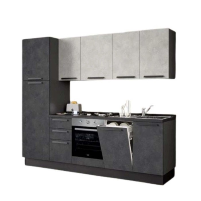 Cucina componibile moderna grigia con pensili ed elettrodomestici.