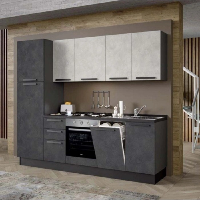 Cucina componibile moderna grigia con pensili ed elettrodomestici.
