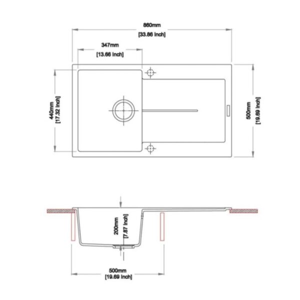 Disegno tecnico lavello: Misure e viste del lavello in acciaio inox t.b.t.