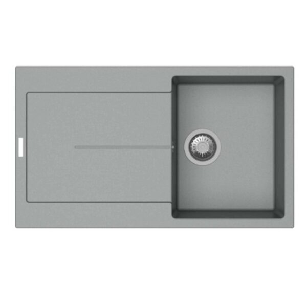 Lavello in acciaio inox, finitura grigia, gocciolatoio a sinistra.