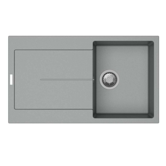 Lavello in acciaio inox, finitura grigia, gocciolatoio a sinistra.