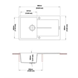 Disegno tecnico: Lavello in acciaio inox con dimensioni (lunghezza 860mm, larghezza 500mm).
