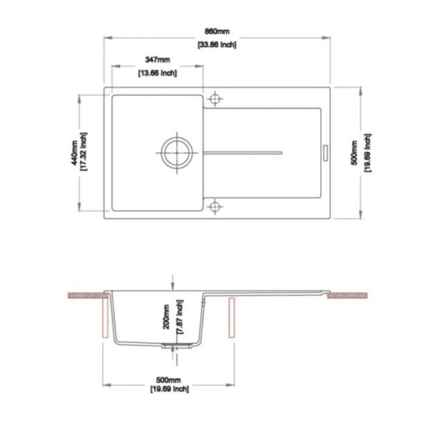 Disegno tecnico: Lavello in acciaio inox con dimensioni (lunghezza 860mm, larghezza 500mm).